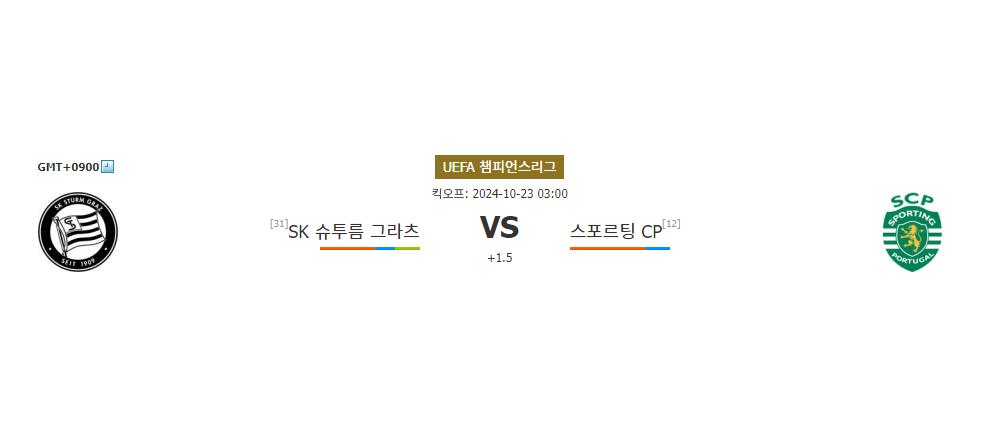 UEFA 챔피언스리그 2024-10-23 03:00 SK 슈투름 그라츠 vs 스포르팅 CP: 승부 예측