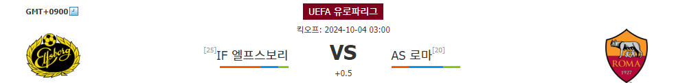 UEFA 유로파리그 2024-10-04 03:00 IF 엘프스보리 vs AS 로마: 로마의 승리 예상