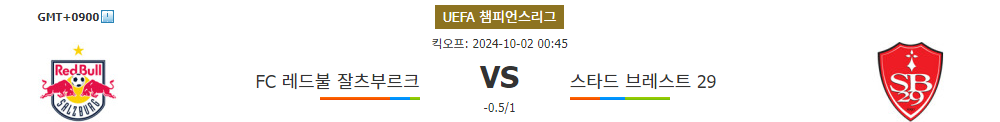 UEFA 챔피언스리그 2024-10-02 00:45 FC 레드불 잘츠부르크 vs 스타드 브레스트 29 - 스포츠 분석