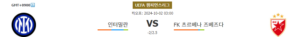 인터밀란 vs 츠르베나 즈베즈다, 홈팀의 승리가 예상되는 이유는? UEFA 챔피언스리그 2024-10-02 03:00 경기 분석