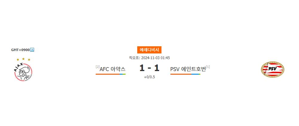 에레디비시 2024-11-03 01:45 AFC 아약스 vs PSV 에인트호번: 승부의 향방을 가를 뜨거운 맞대결!